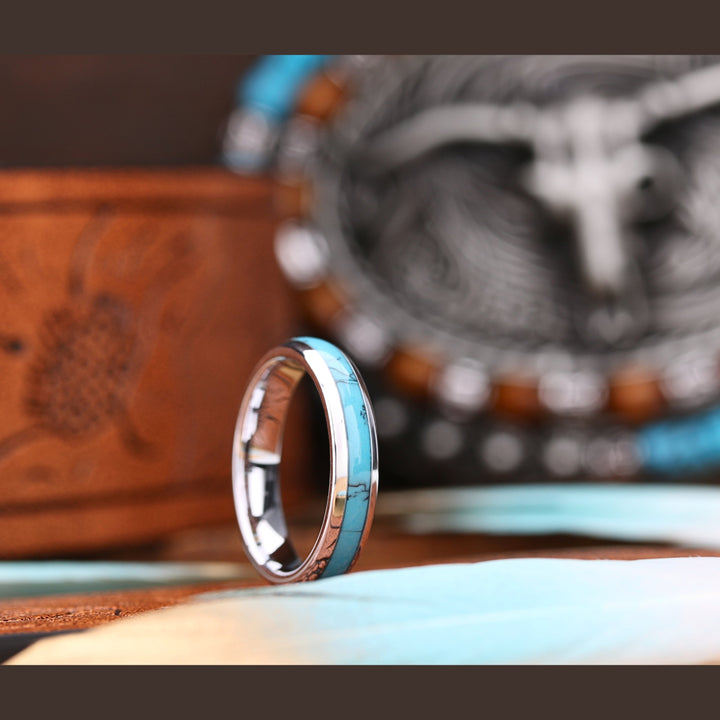 Women's Turquoise Wedding Band - Women's Western Wedding Ring Made out of Tungsten - 4mm, Silver