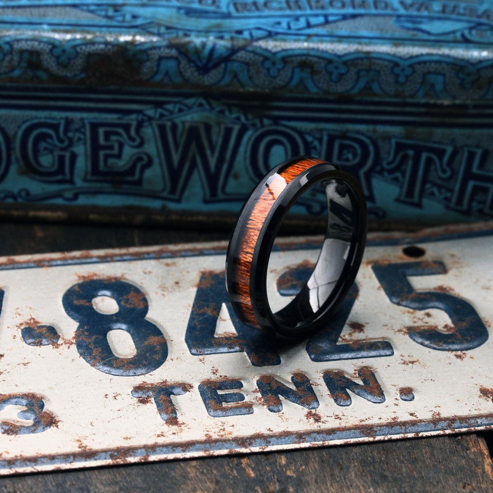 Men's or women's Black Plated Tungsten Wedding Band With Koa Wood - 5mm Width, Comfort Fit