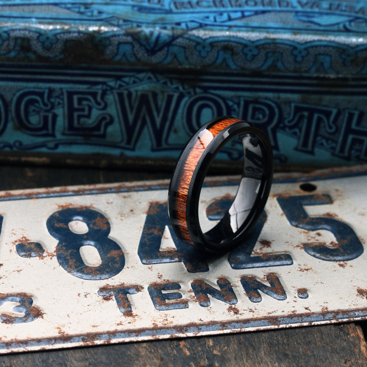 Men's or women's Black Plated Tungsten Wedding Band With Koa Wood - 5mm Width, Comfort Fit