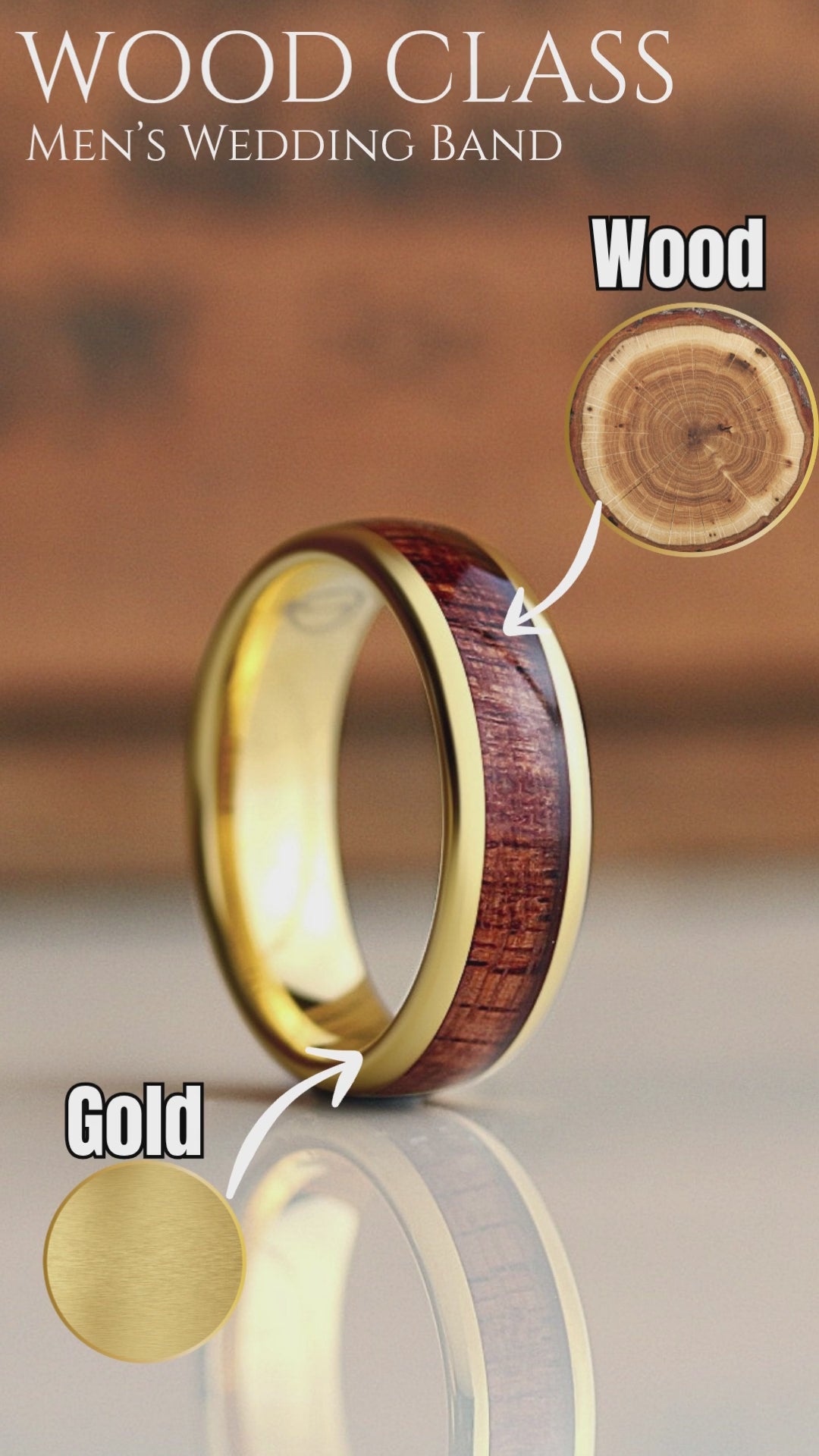 Men's Yellow Gold Wedding Band With Wood Inlay