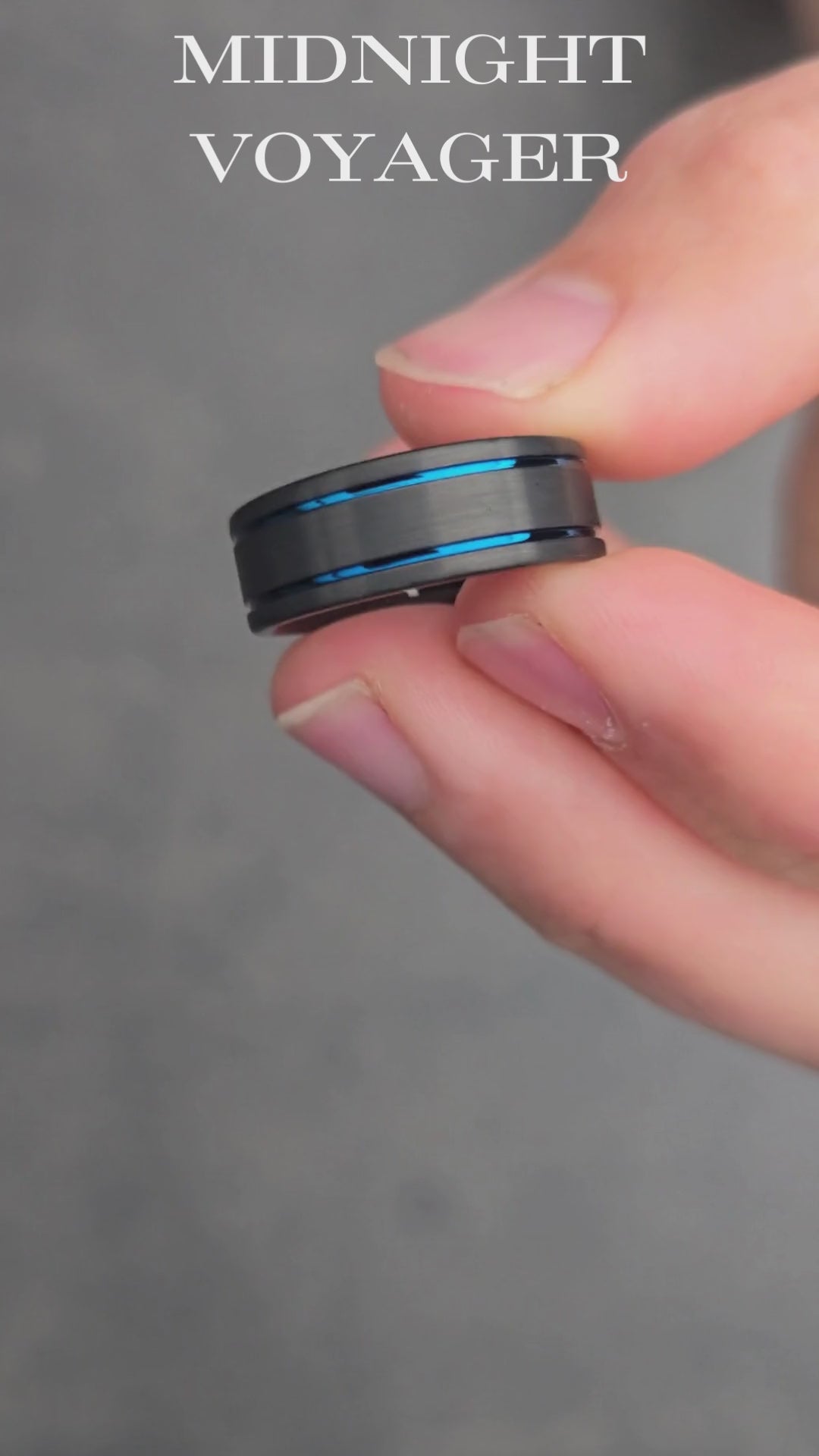 The Midnight Voyager - Men's Black Plated Tungsten Wedding Band With Double Blue Channel and Brushed Texture Finish