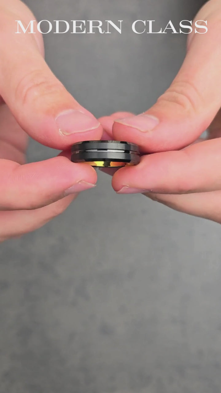 Men's Black Plated Tungsten Wedding Band with Yellow Gold Interior