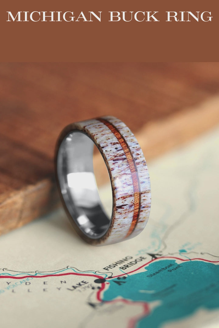 Michigan Buck Ring - Deer Antler With a Wood Stripe