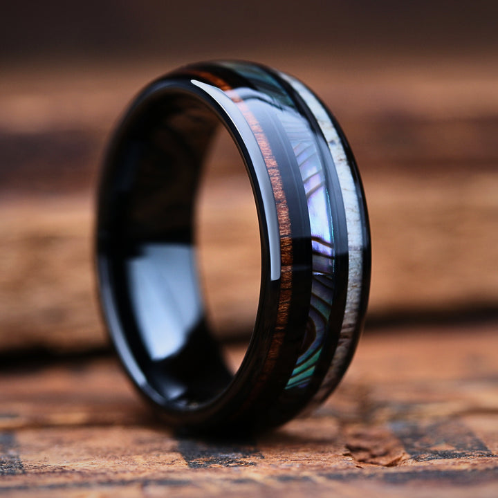 Men's Wedding Band Made Out of Wood, Abalone, and Antler