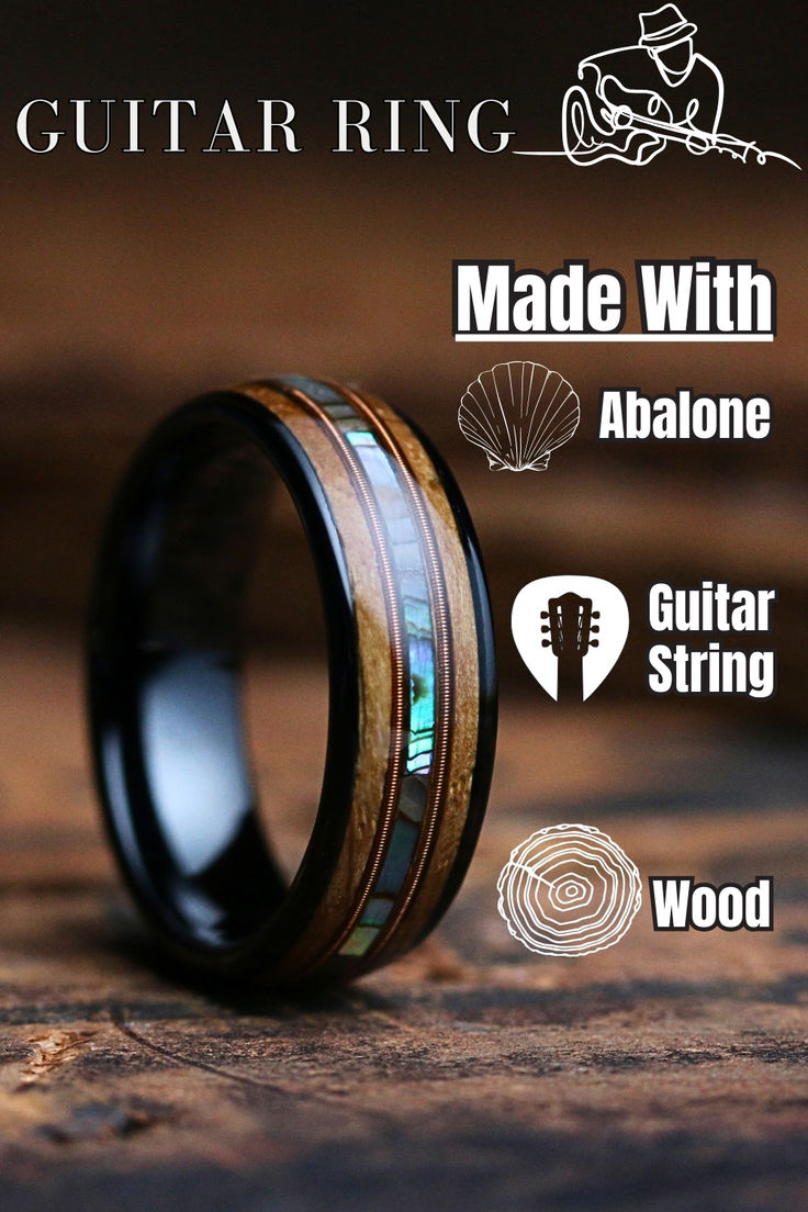 Video of the Lumber Riff Men's Wedding Band Made with Guitar String and Abalone