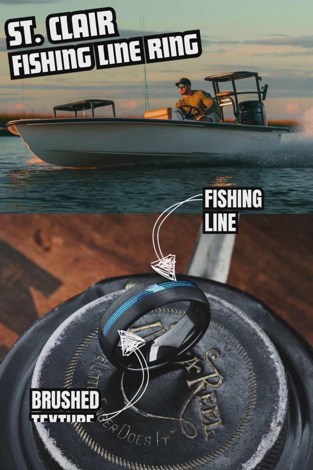 Men's Blue and Black Fishing Line Ring