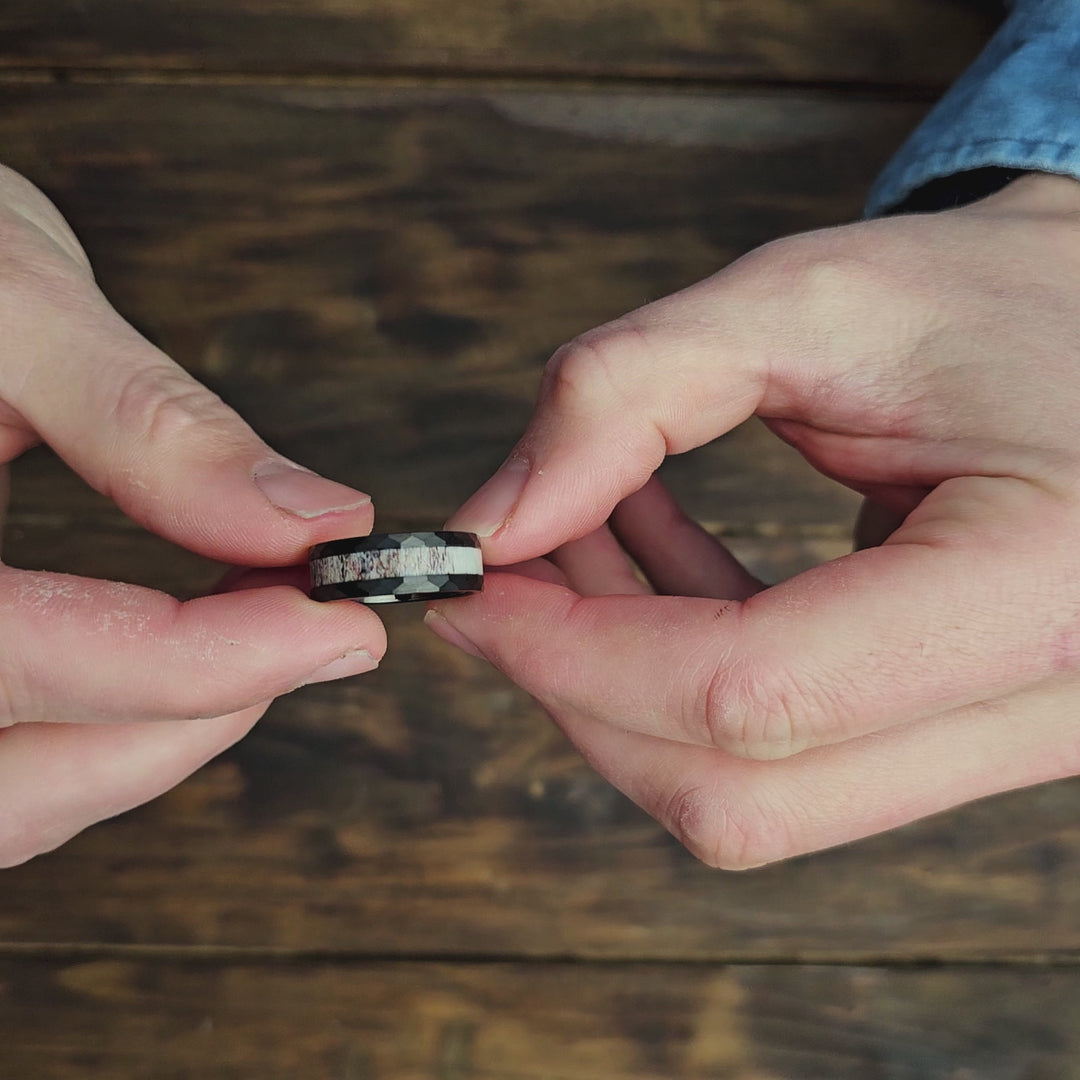 Hammered Antler Wedding Band For Men - Black Antler Ring