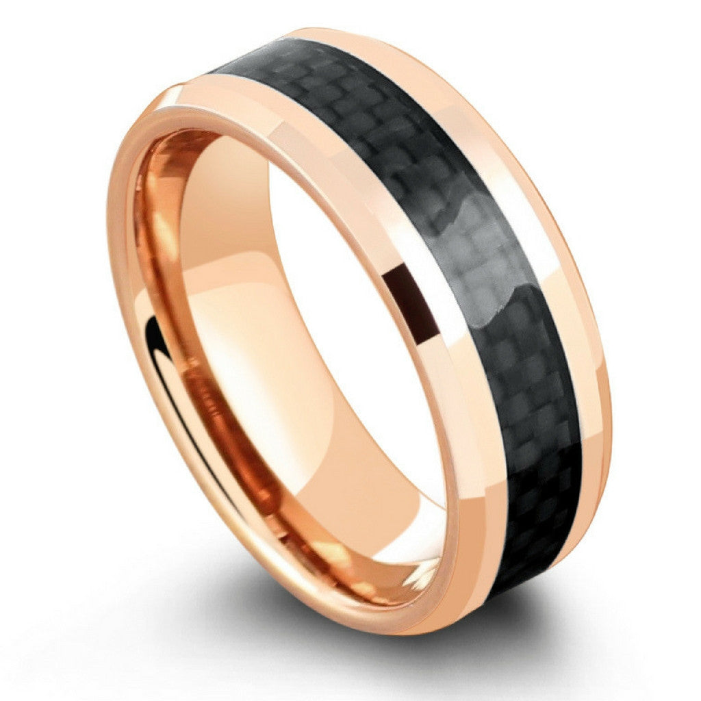 18K Rose Gold Wedding Ring With Black Carbon Fiber Inlay