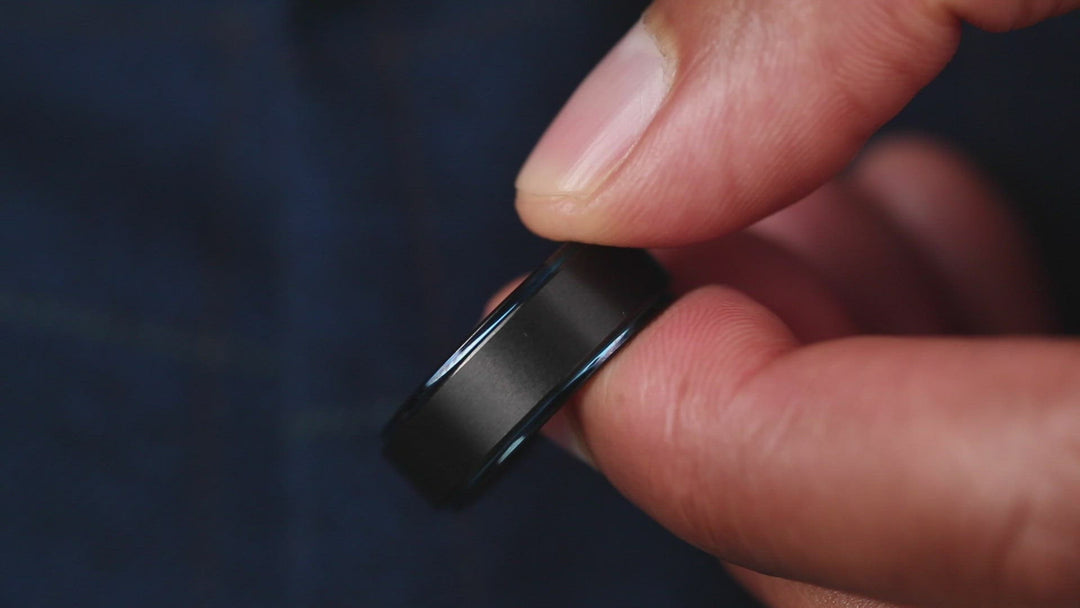Men's Black and Blue Wedding Band With Step Down Edges
