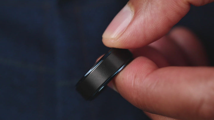 Men's Black and Blue Wedding Band With Step Down Edges
