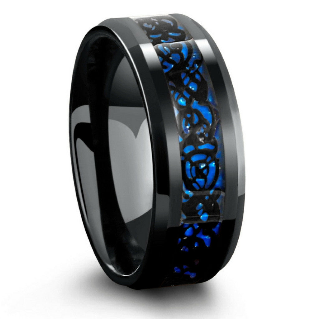 8mm Black Celtic Tungsten Wedding Band With Blue Carbon Fiber Inlay