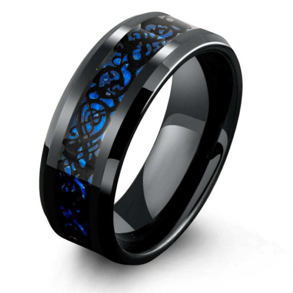 8mm Black Celtic Tungsten Wedding Band With Blue Carbon Fiber Inlay