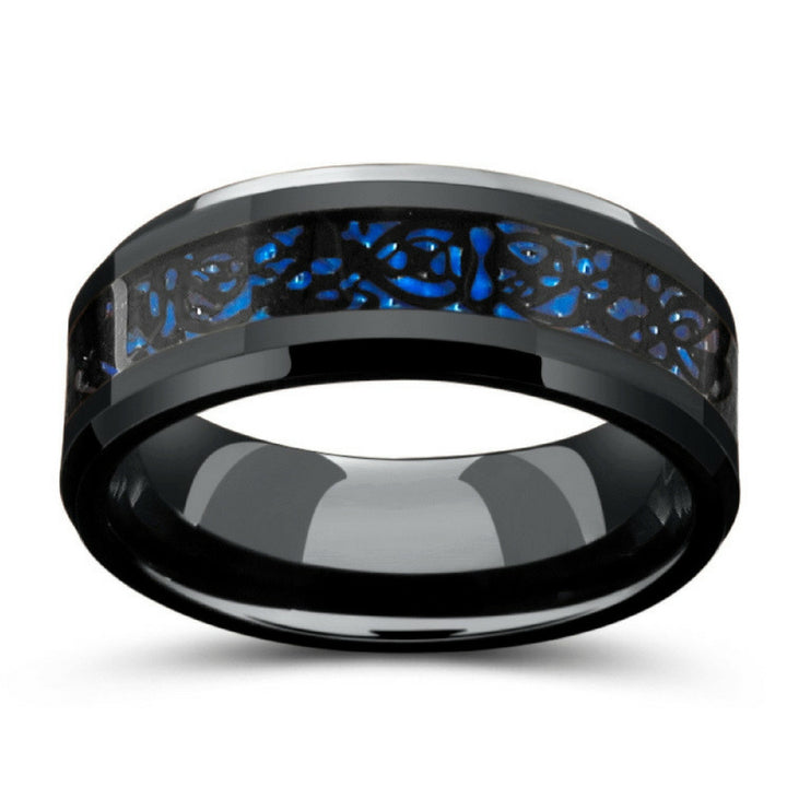 8mm Black Celtic Tungsten Wedding Band With Blue Carbon Fiber Inlay