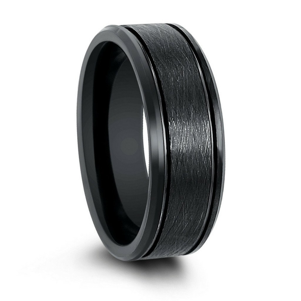 8mm Mens Black Tungsten Wedding Band With Brushed Textured Center, Two Channel Grooves and Polished Beveled Edges