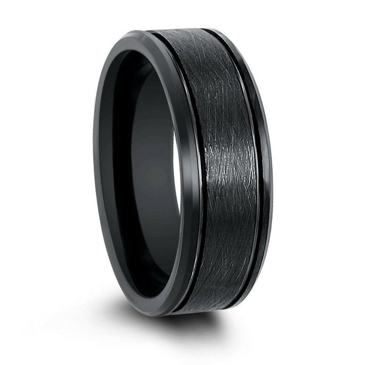 8mm Mens Black Tungsten Wedding Band With Brushed Textured Center, Two Channel Grooves and Polished Beveled Edges