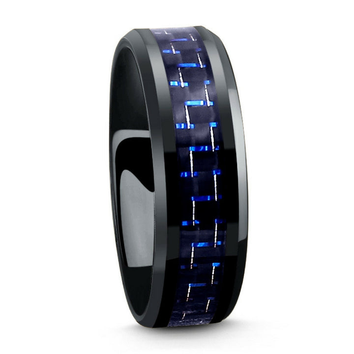 Black Tungsten Carbide Ring With Blue & Black Carbon Fiber Inlay