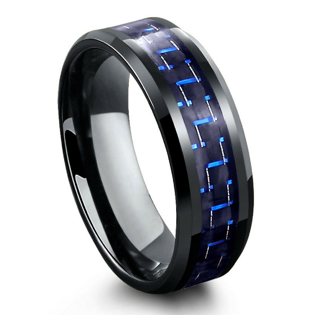 Black Tungsten Carbide Ring With Blue & Black Carbon Fiber Inlay