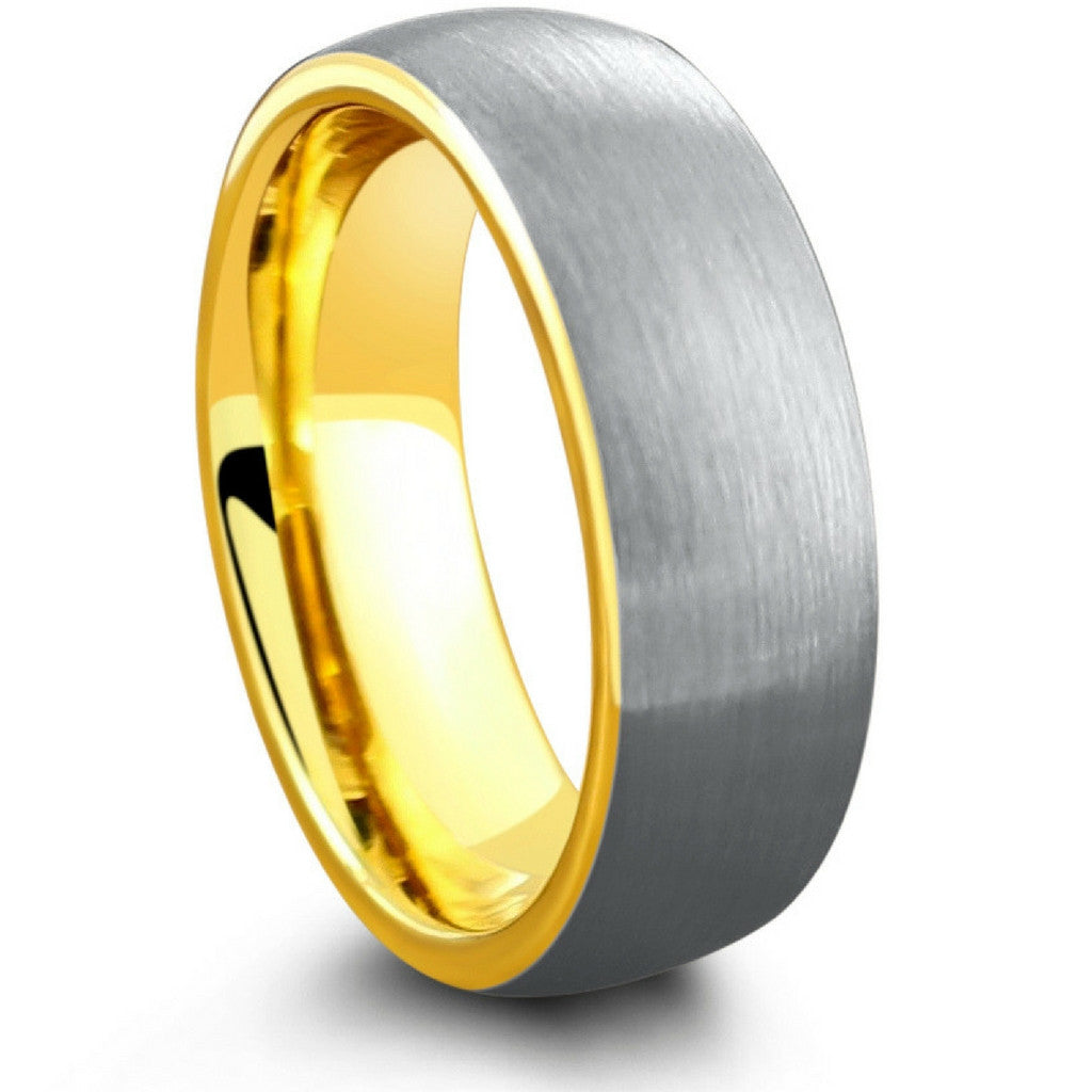 Modern Silver Class Tungsten Wedding Band with Yellow Gold Inlay