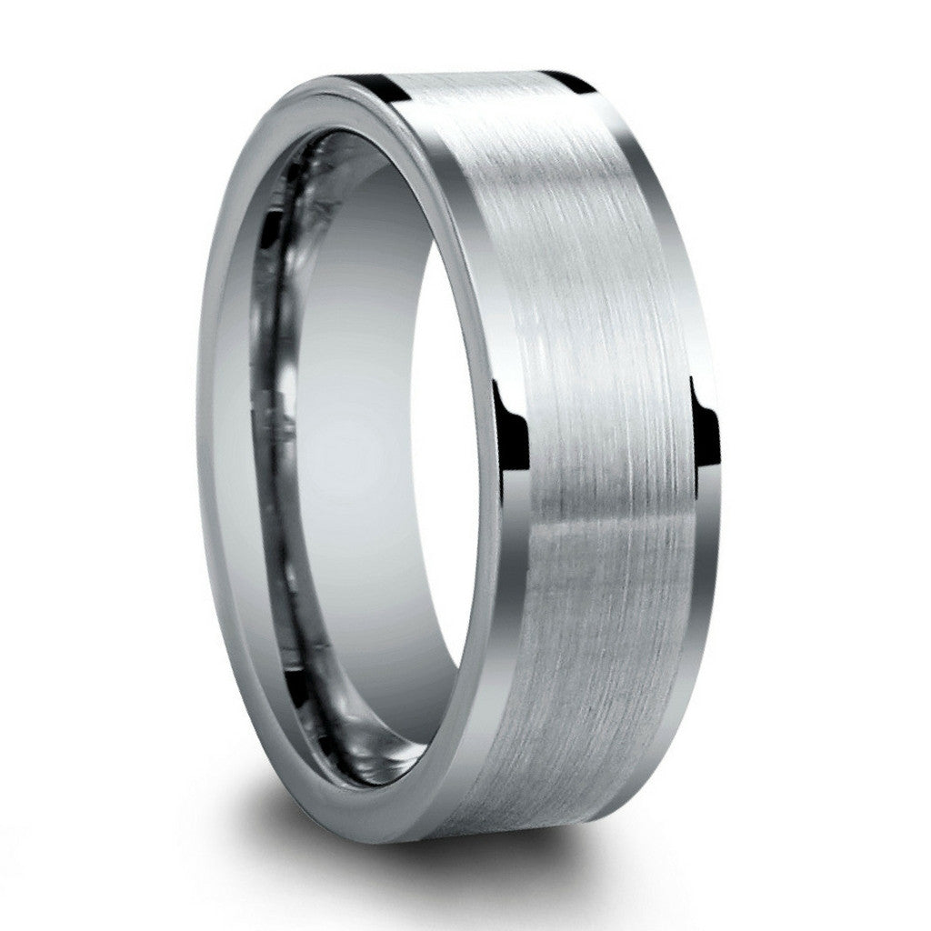 8mm Mens Silver Tungsten Pipe Cut Wedding Band With Brushed Center and Polished Edges