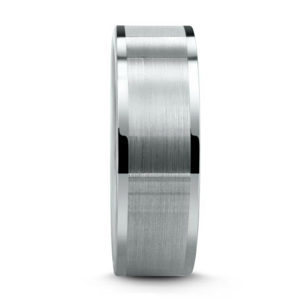 8mm Mens Silver Tungsten Pipe Cut Wedding Band With Brushed Center and Polished Edges