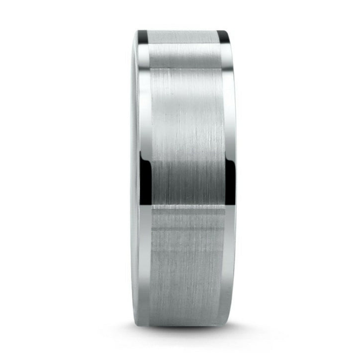 8mm Mens Silver Tungsten Pipe Cut Wedding Band With Brushed Center and Polished Edges