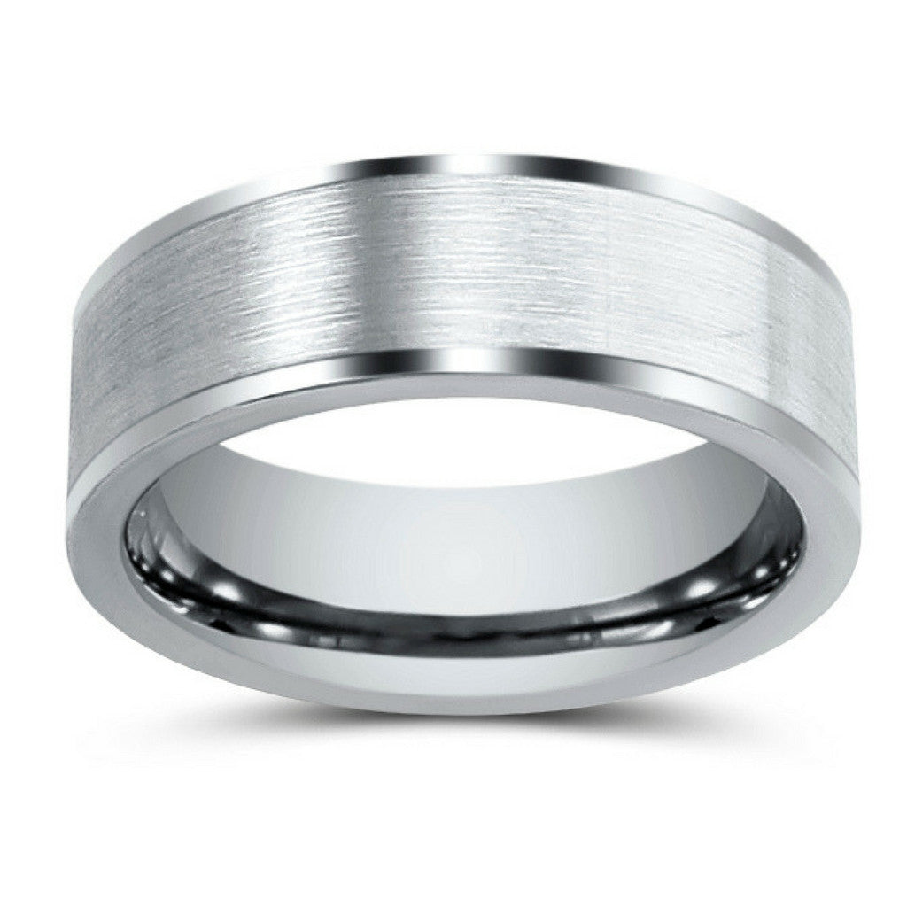 8mm Mens Silver Tungsten Pipe Cut Wedding Band With Brushed Center and Polished Edges