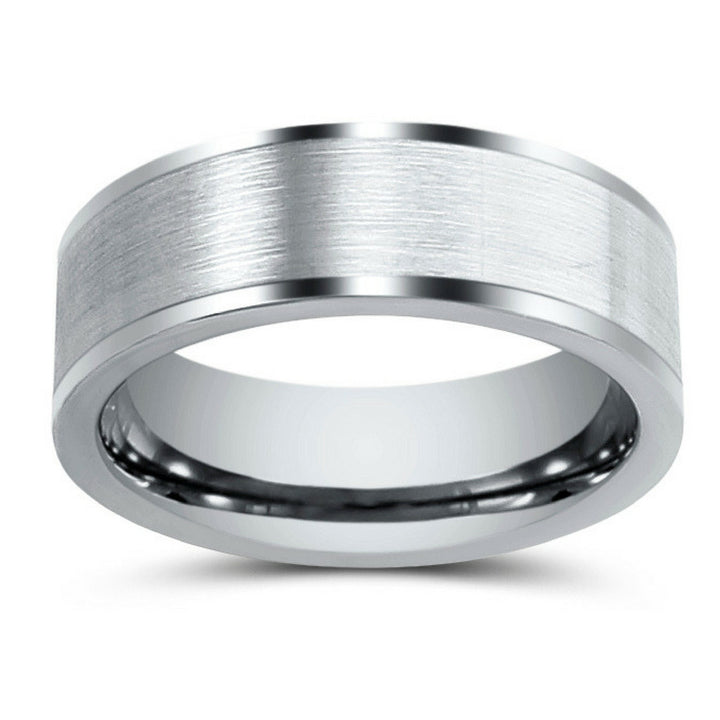 8mm Mens Silver Tungsten Pipe Cut Wedding Band With Brushed Center and Polished Edges
