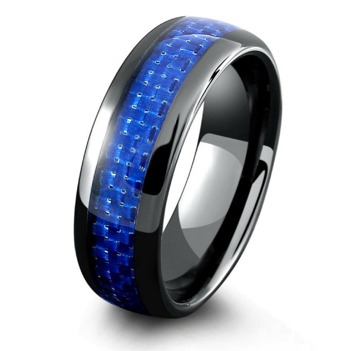 Mens Black Ceramic Wedding Band With Blue Woven Carbon Fiber Inlay