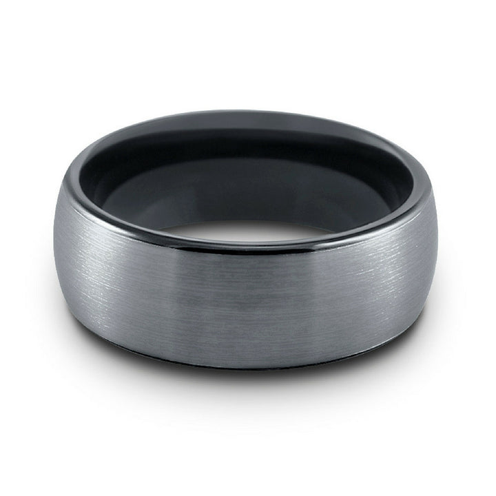 8mm OR 6mm Brushed Domed Tungsten Wedding Ring With Black Polish Inside