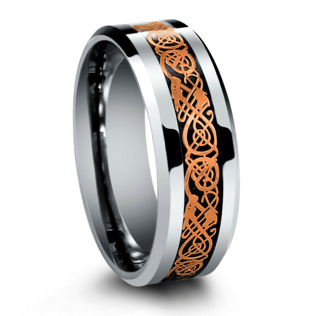 Men's Tungsten Wedding Band (8mm). Celtic Wedding Band - Black with Rose Gold Celtic Knot Over Blue Carbon Fiber Inlay
