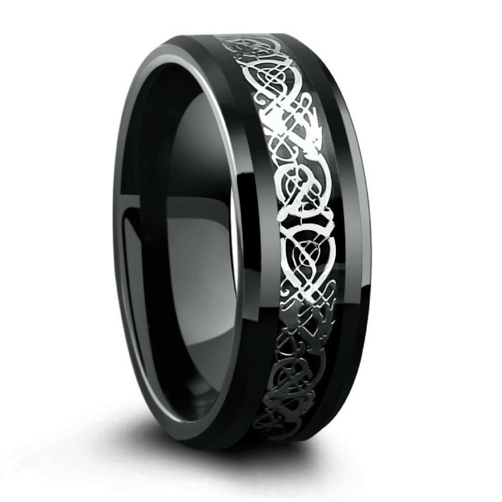 8mm Black Tungsten Wedding Band With Silver Celtic Design