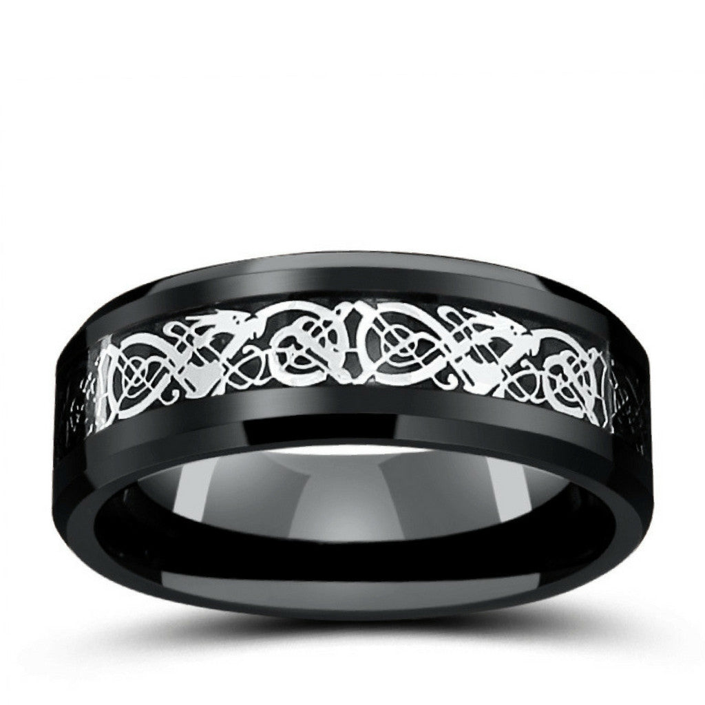 8mm Black Tungsten Wedding Band With Silver Celtic Design