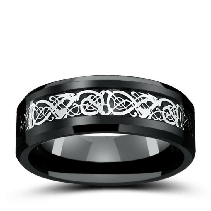 8mm Black Tungsten Wedding Band With Silver Celtic Design