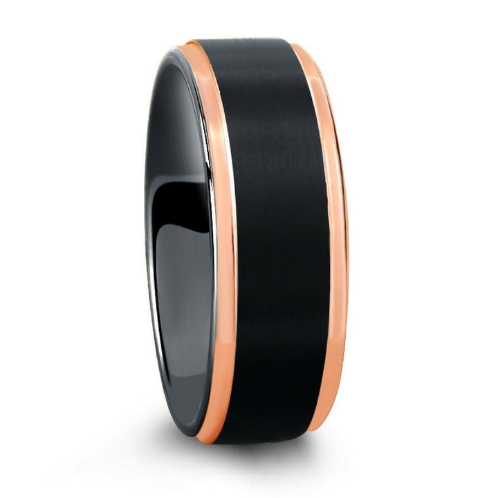 Black Tungsten Wedding Band With Step Down Polish Rose Gold Edges