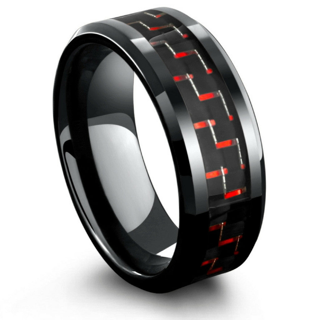 8mm Mens Black Tungsten Wedding Band With Black & Red Carbon Fiber Inlay