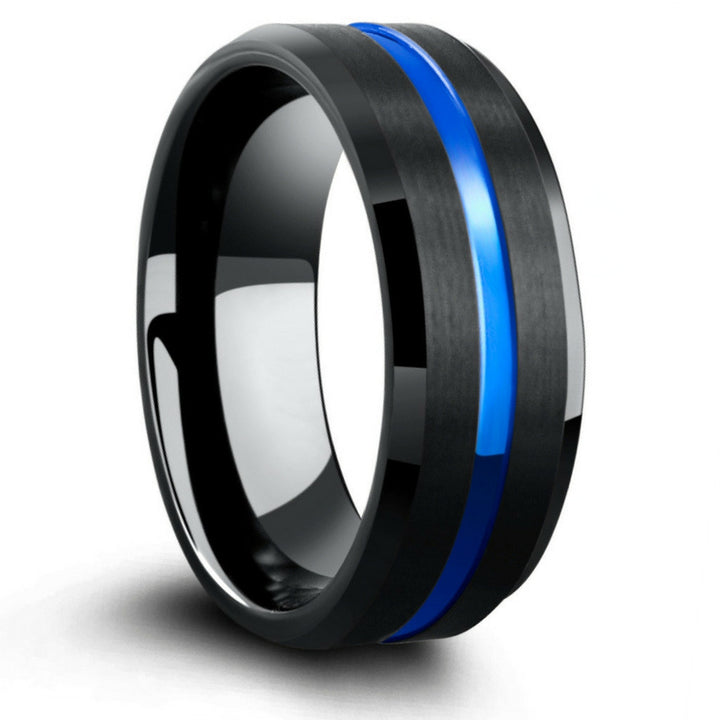 Charcoal Black Tungsten Wedding Ring With Blue Carved Channel