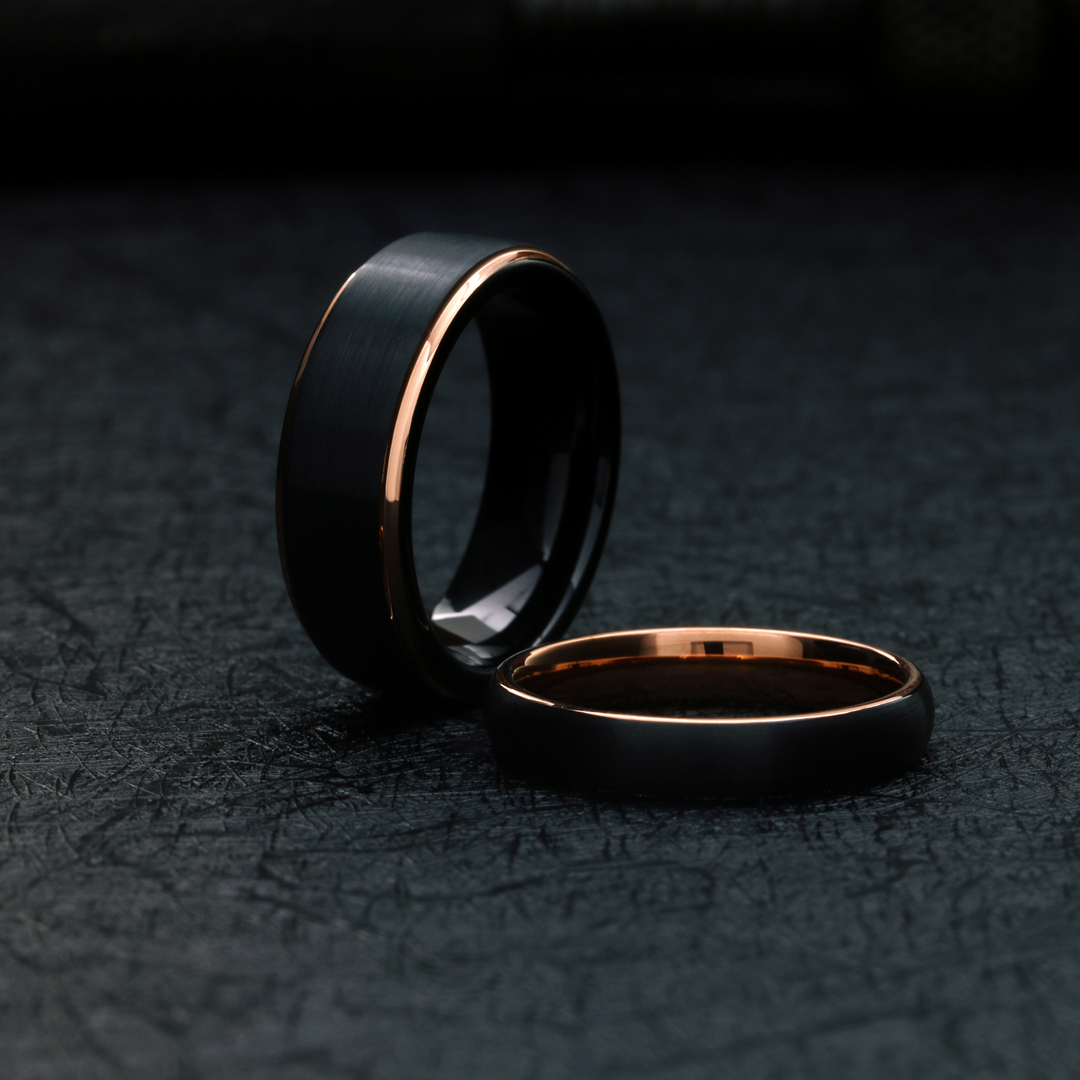 Black and Rose Gold Wedding Band Set