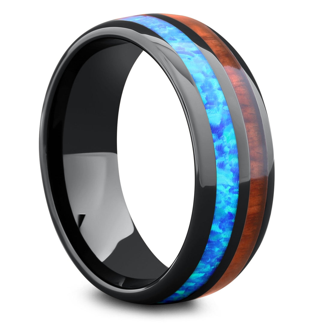 Men's Black Plated Ceramic Wedding Band With Opal and Koa Wood