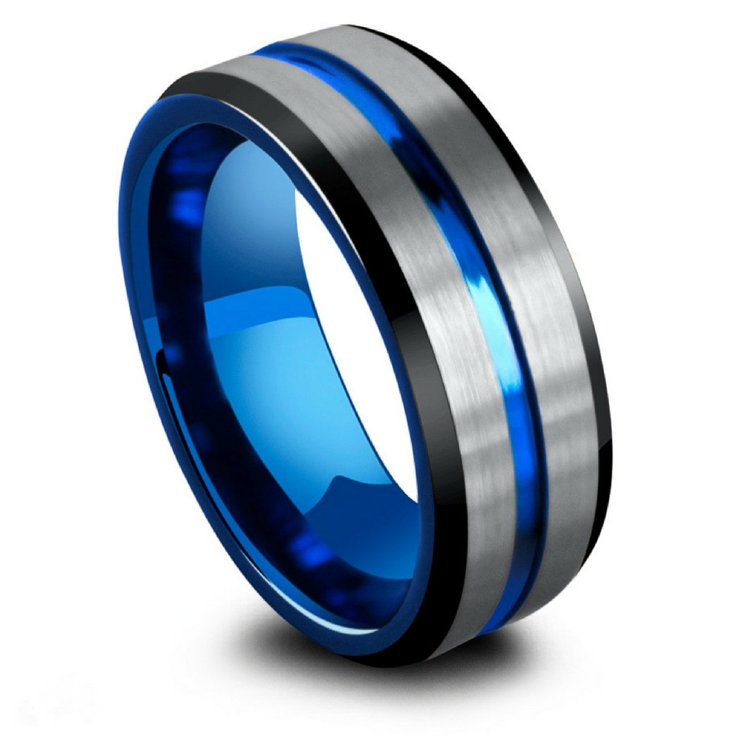 Mens Black, Silver, and Blue Tungsten Wedding Ring