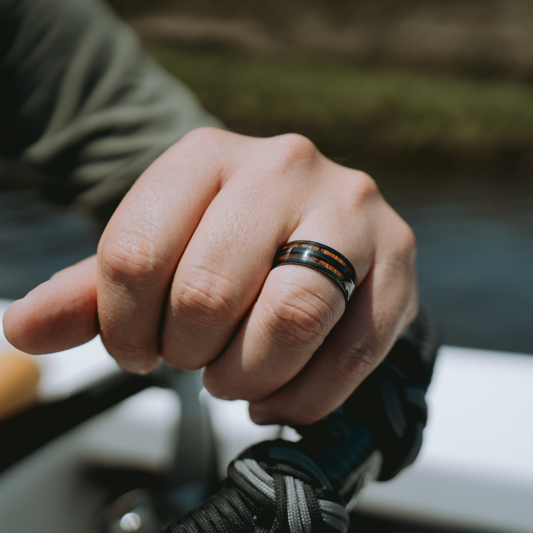 Men's Wooden Barrel Ring On Hand