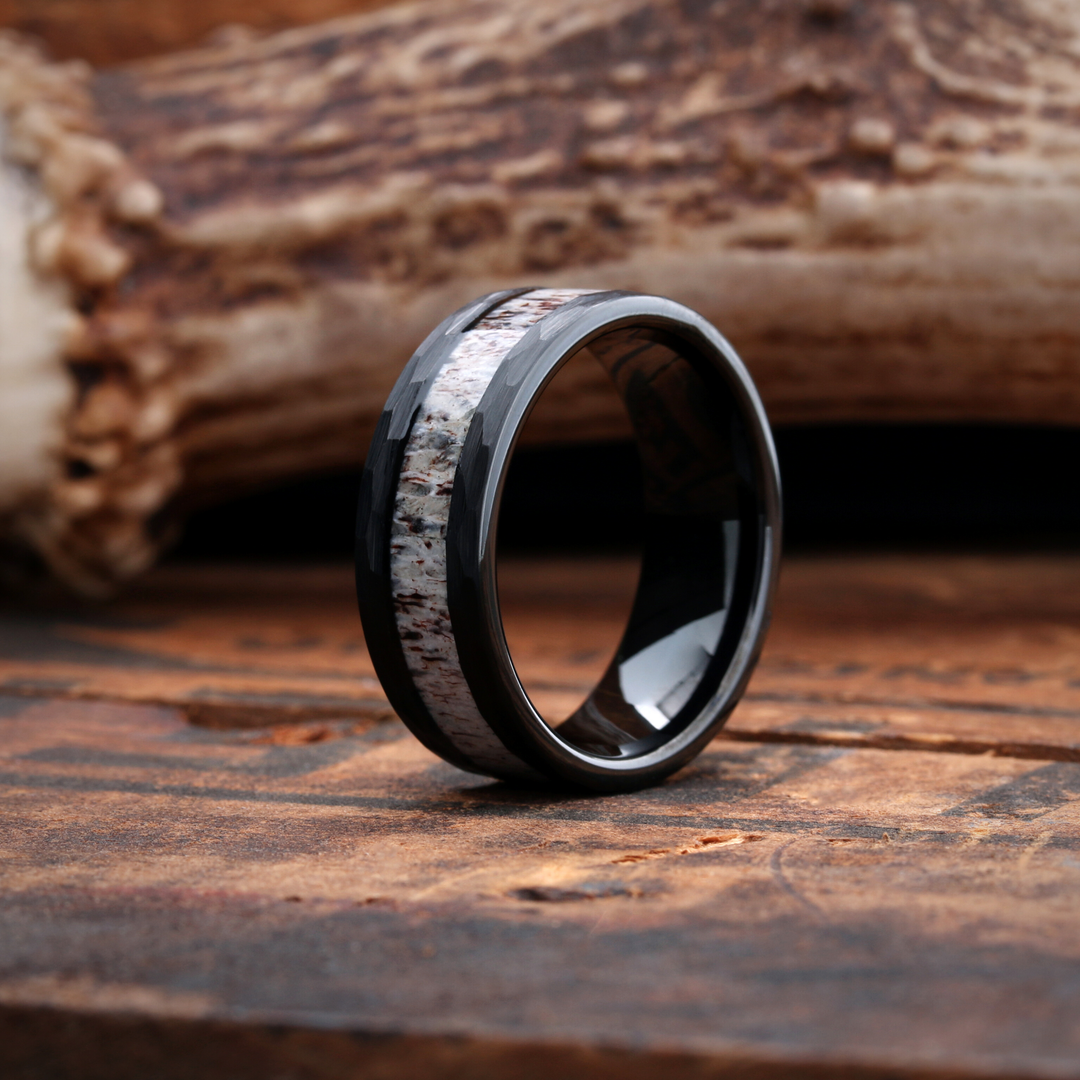 Men's Antler Hammered Wedding Band - Tungsten Carbide, 8mm Width, Comfort Fit, Men's Wedding Band