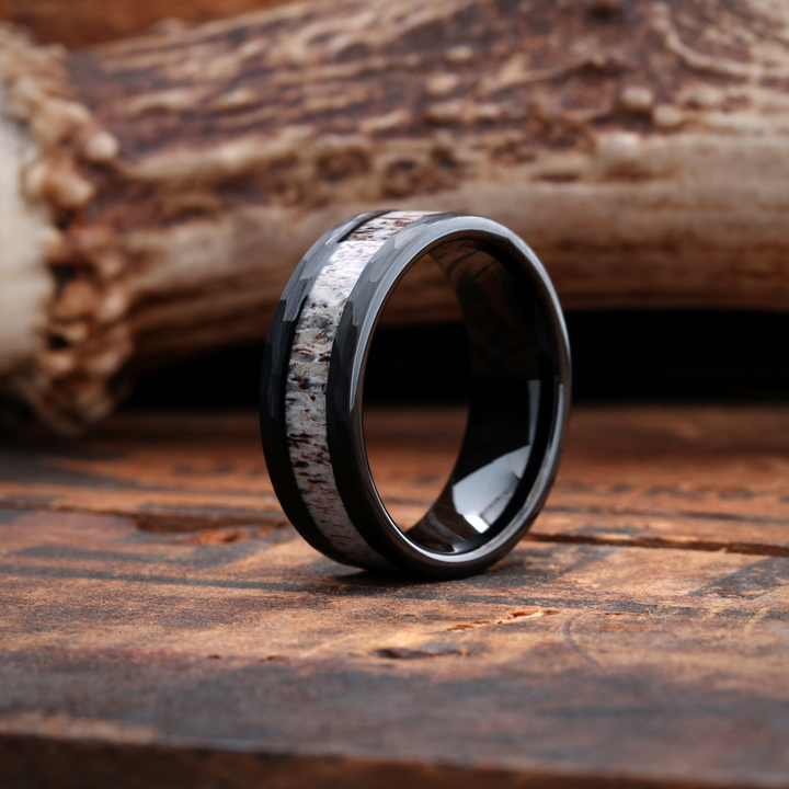 Men's Antler Hammered Wedding Band - Tungsten Carbide, 8mm Width, Comfort Fit, Men's Wedding Band