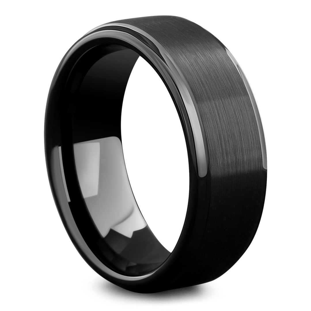 Men's Black Wedding Band With Step Down Edges - High Tech Ceramic 2