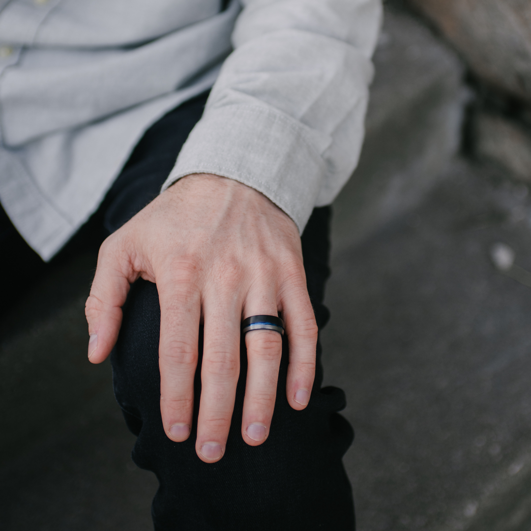 Men's Silver Blue and Black Wedding Ring