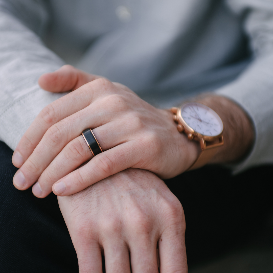 Men's Black Wedding Band With Rose Gold Stepdown Edges