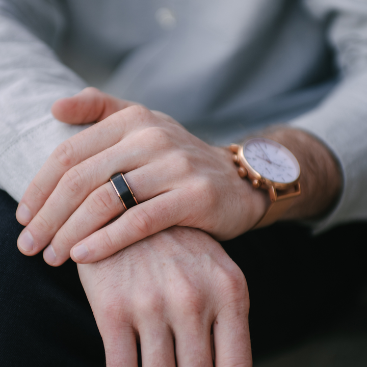 Men's Black Wedding Band With Rose Gold Stepdown Edges