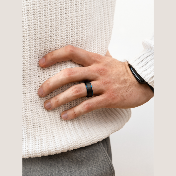 Men's Tungsten Wedding Band - Black and Blue Wedding Band