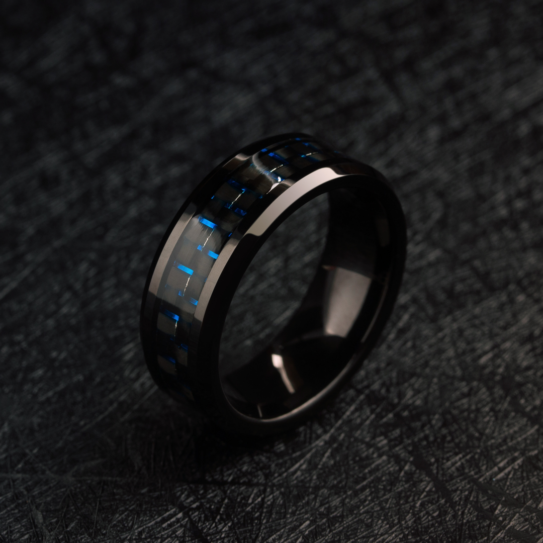 Men's Carbon Fiber Wedding Band Blue and Black