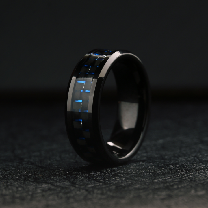 Men's Blue and Black Wedding Band Carbon Fiber