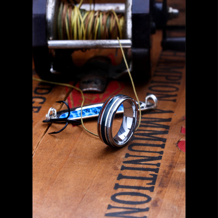 Men's Fishing Line Wedding Band Blue | Men's Deer Antler, Wood and Fishing Line Wedding Band